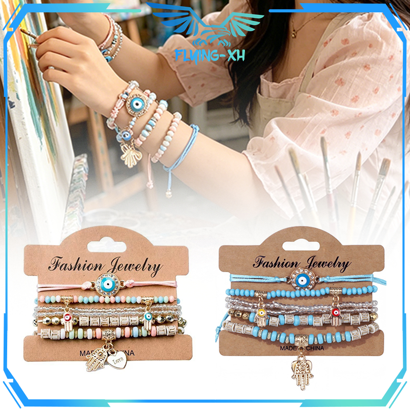 MATA Pastel Blue Eye สร้อยข้อมือผู้หญิง Bohemian สร้อยข้อมือ 6 ชิ้น T Bohemian Stacked สร้อยข้อมือ