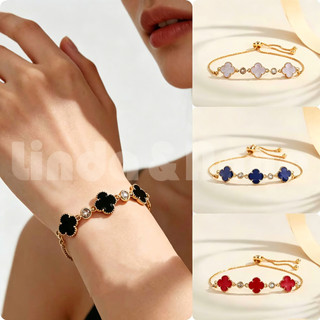L&A Gelang Serut Clover Berlian Gaya Elegan Adjustable Bracelet Gelang Titanium Aksesoris Perhiasan Wanita