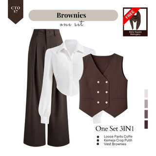 One Set Outfit Vintage Setelan 3in1 Korean Style (Kemeja Crop, Vest Brownies, Loose Pants ) - CTO57