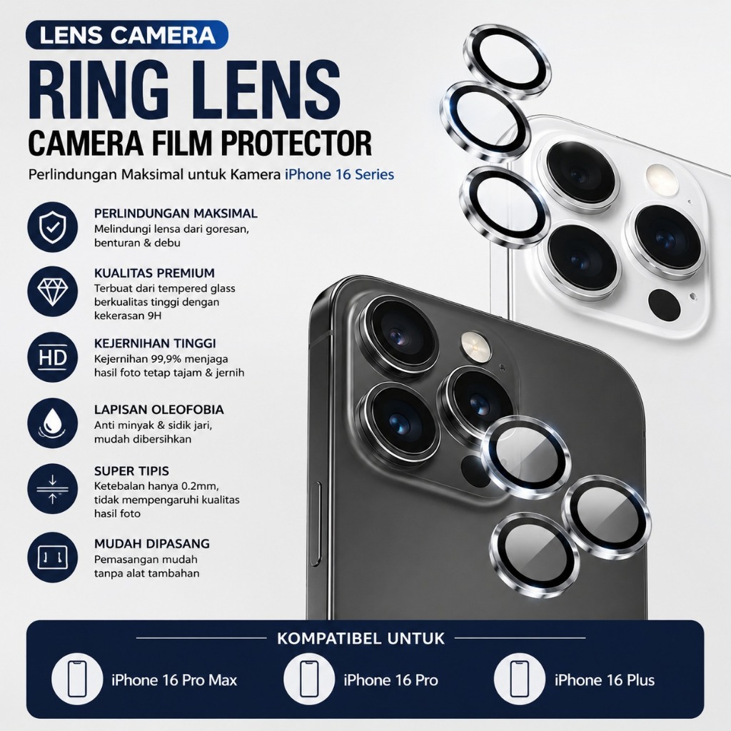 Lens Camera iPhone 16 Pro Max Plus Ring Lens Camera Film Protector Glass