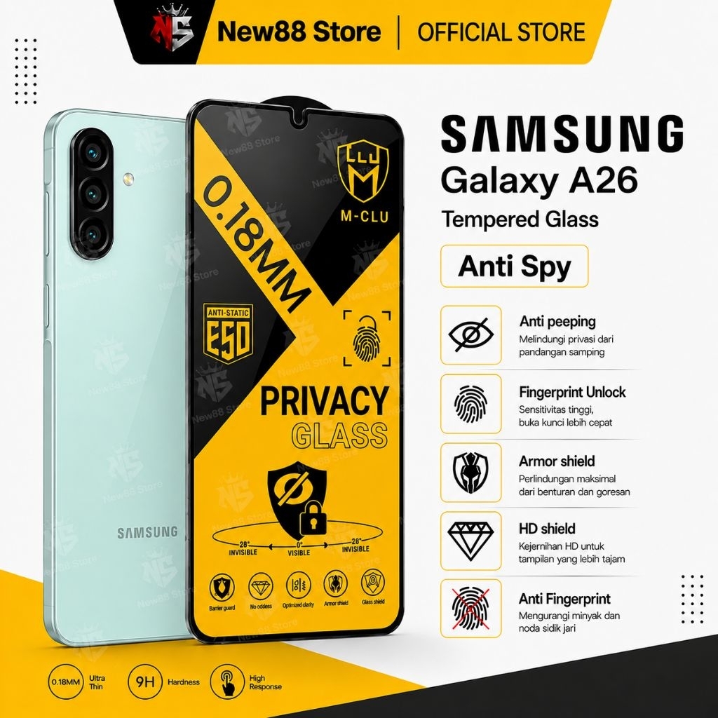 NEW88 – กระจกนิรภัย ESD Anti Spy 0.18 Ultra Thin Samsung A27 5G A26 5G A25 5G A24 4G A34 5G A33 5G A