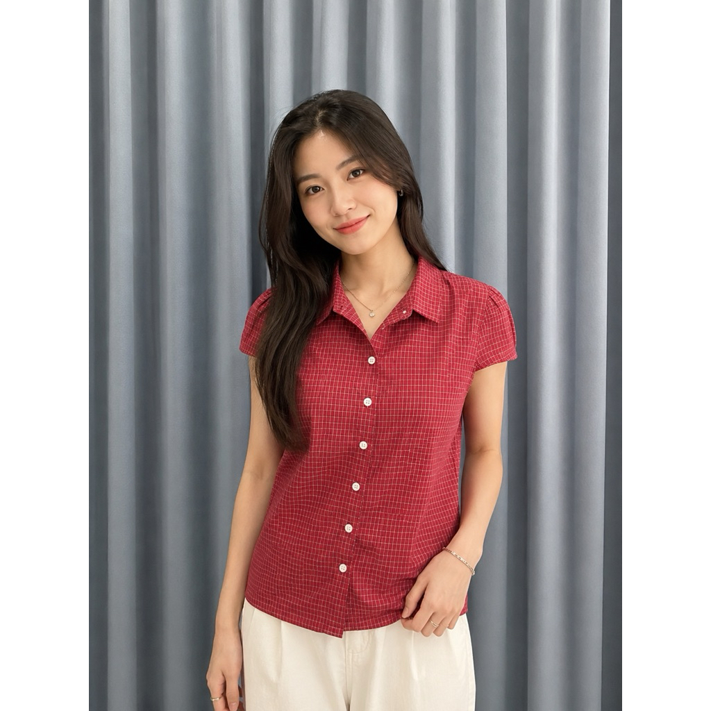 BN1195B NEW TARTAN RED Y2K SHIRT TOP