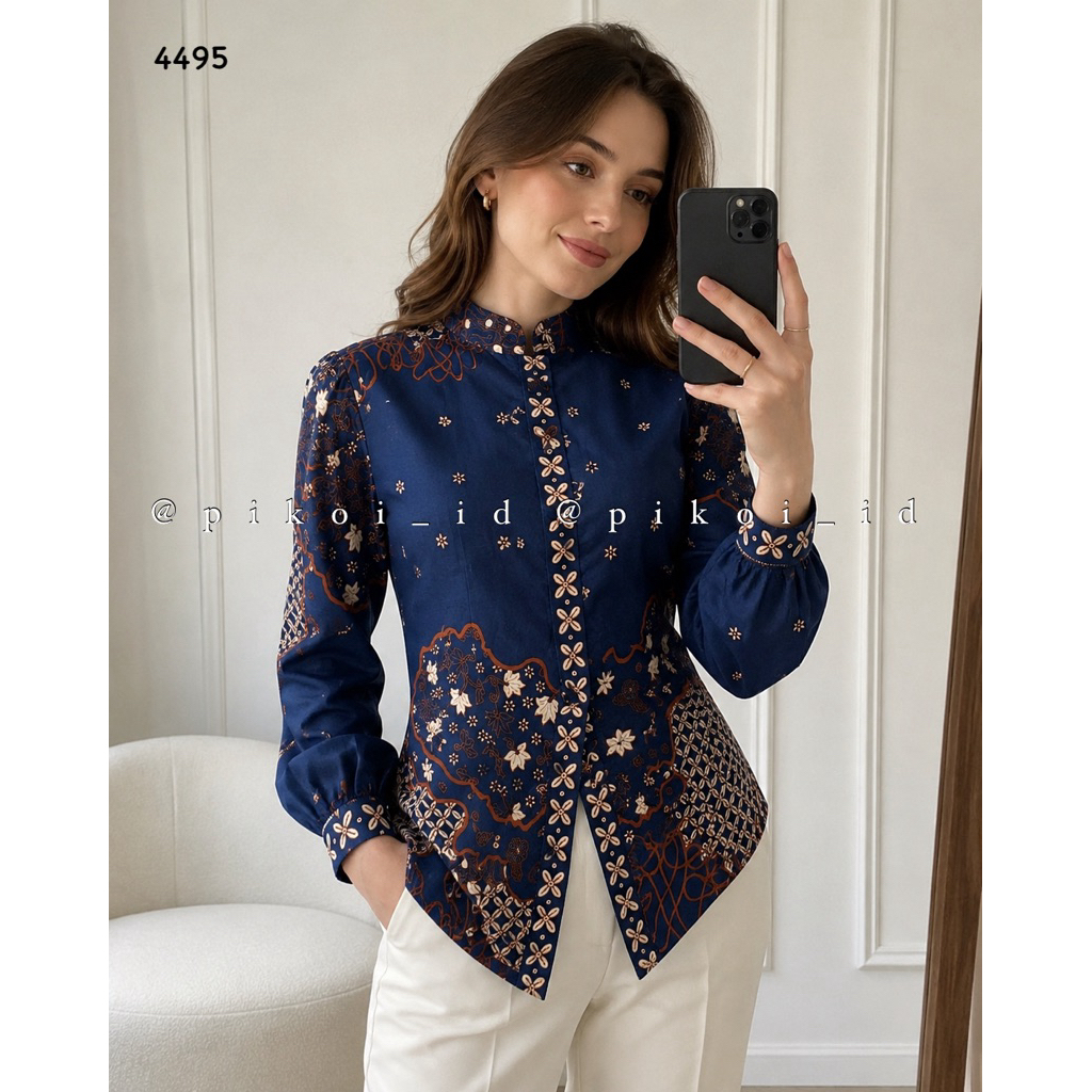 เสื้อบาติกสตรีสมัยใหม่, ผ้าบาติกทํางานสํานักงานแขนยาว, ลายพรีเมี่ยมสีดําหรูหรา, เสื้อผ้าบาติก Modern Janggan 4495