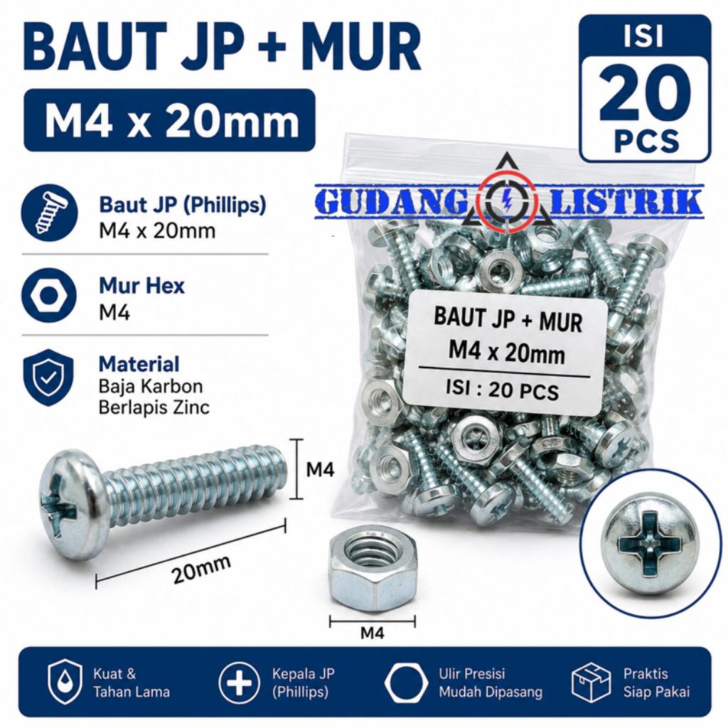 MATA 20 สลักเกลียว + น็อต M4 ขนาด JP 4x20 mm Plus ดอกไขควง