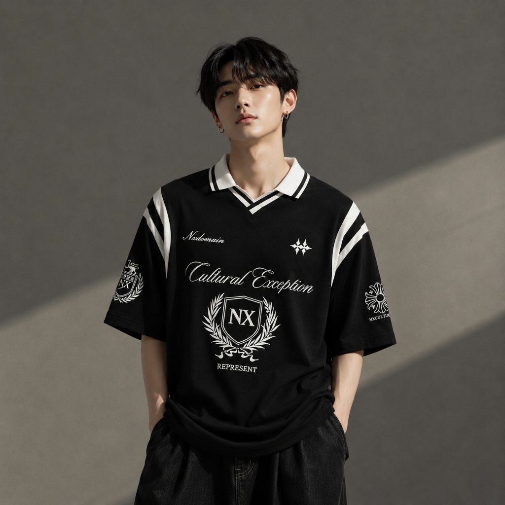 Nxdomain เสื้อโปโล Oversize Classic Rugby Cultural Collar คอวีสีดําสีขาวผ้าฝ้าย 24s Premium