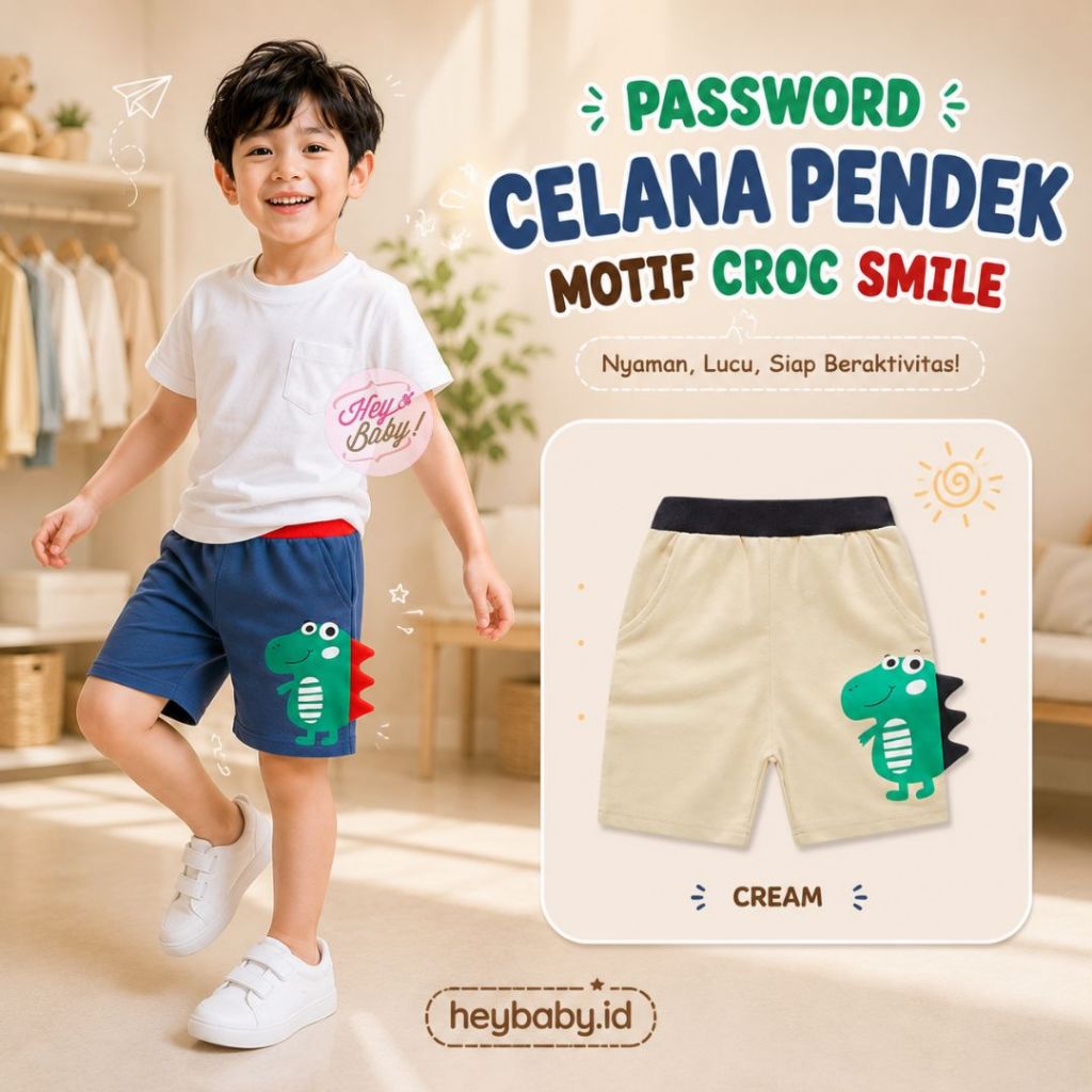 HEYBABY - PASSWORD CROC SMILE MOTIF SHORTS กางเกงจ็อกเกอร์สําหรับเด็กอายุ 1-7 ปี