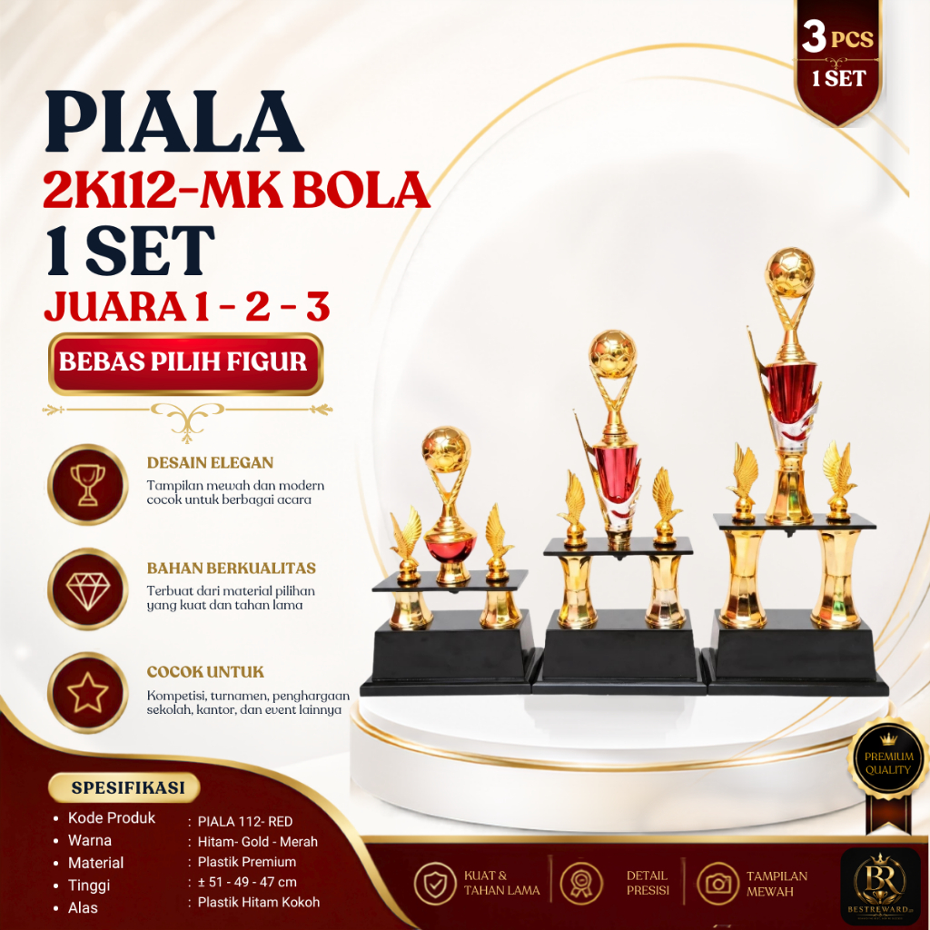 ถ้วย 2 ขา 1 ชุด 3 ชิ้น รุ่น 2K 112 MK BOLA 1st-2nd-3rd Place Trophy ความสูง 55-46-34 ซม.