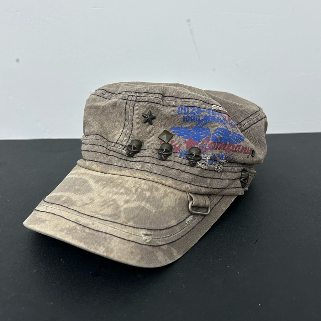 Vintage Y2k Distressed wing Skull Design Military Hat
