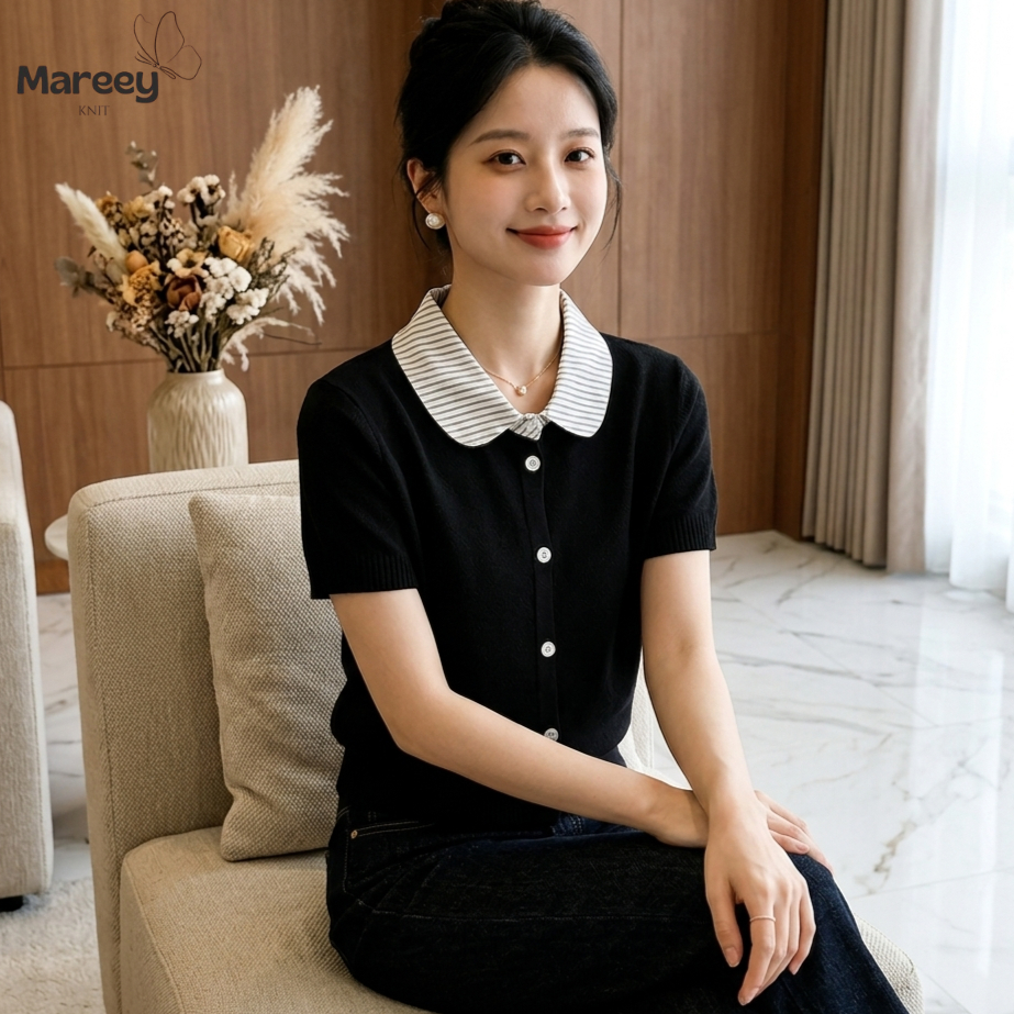 Mareey - เสื้อถักคอปกแพนปีเตอร์แขนสั้น Damira (HFD)