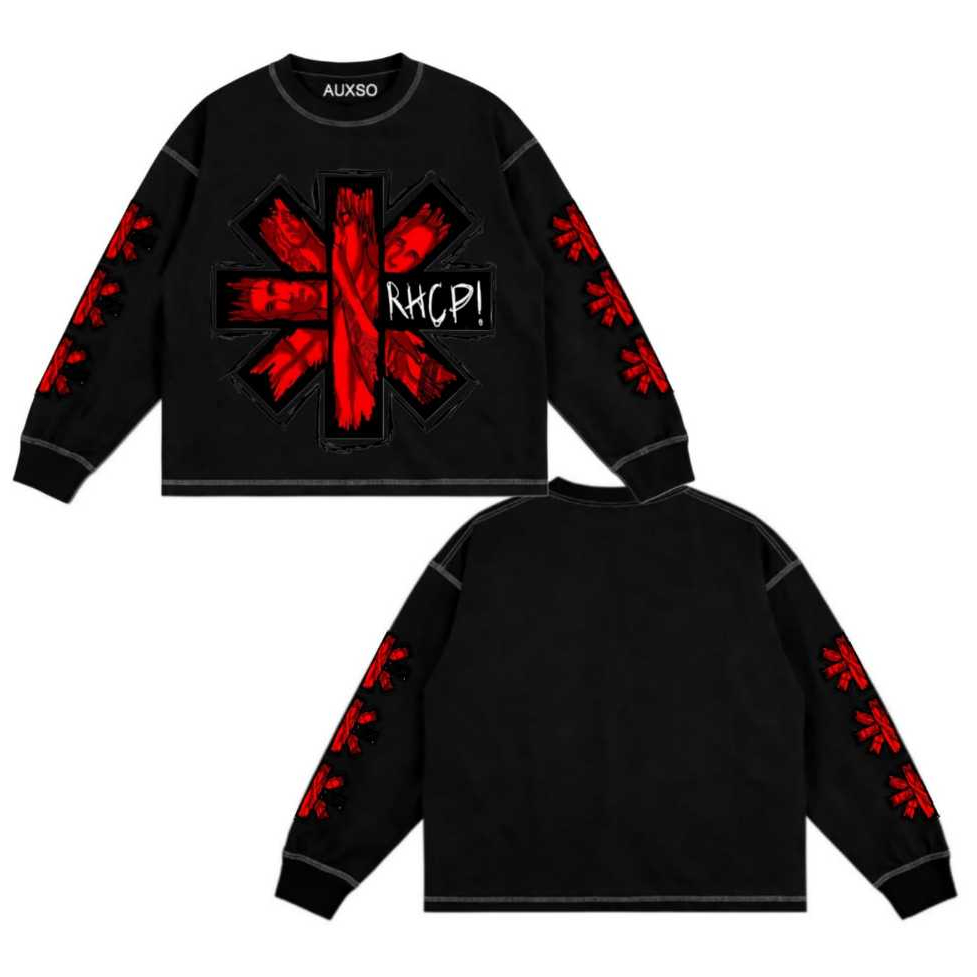 Auxso Overlock เสื้อยืดด้านนอก Mirror RHCP LOGO เสื้อยืดกระจก boxy แขนยาว unisex