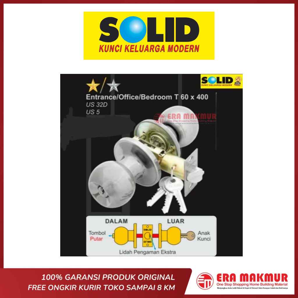 SOLID - T 60 X 400 US 32D ROUND LOCK / TUBULAR LOCKSET STAINLESS T 60 X 400 US 32D