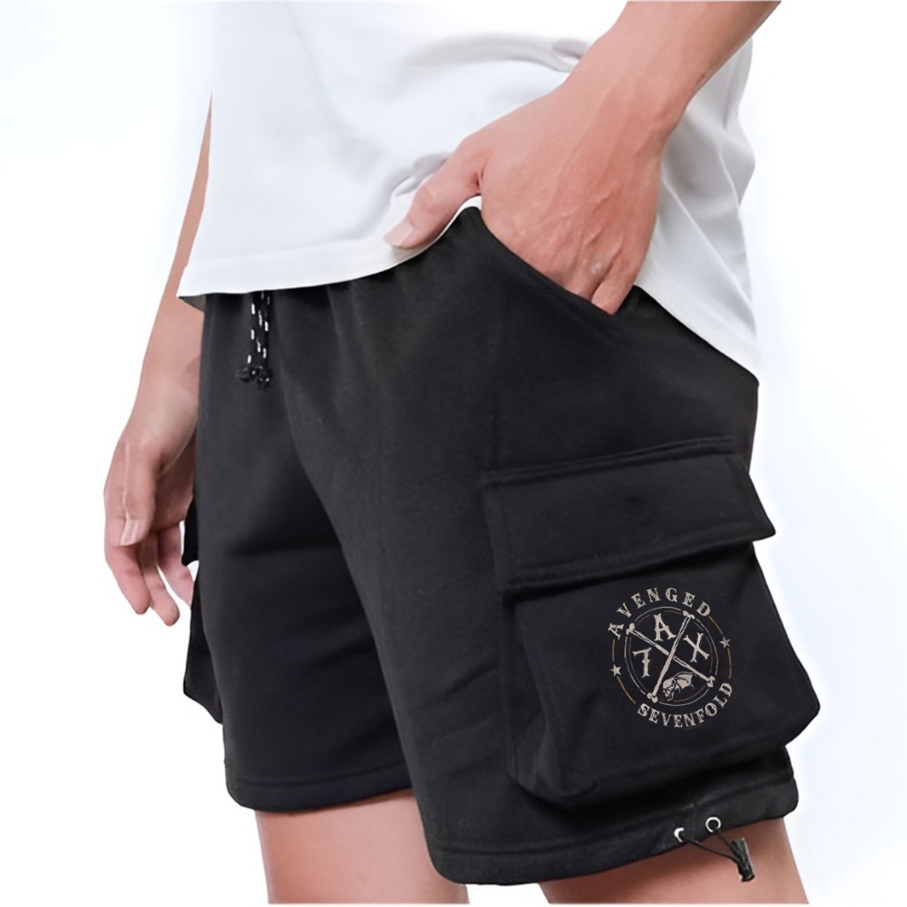 AVENGED LOGO A7X Cargo Shorts กางเกงสีดําเท่ๆ กระเป๋าสองตัว
