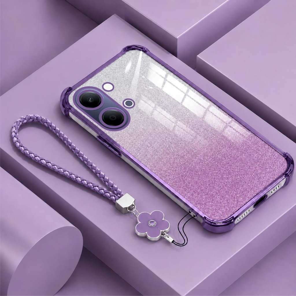 VIVO Y05 / Y11D Gradient Glitter Premium Anti-Crack Case ฟรีสายคล้องดอกไม้
