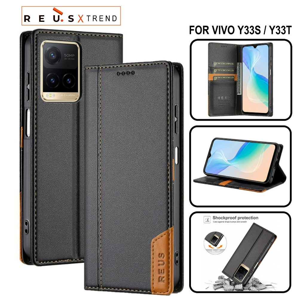 REUS Leather Case Vivo Y33s / Y33t Flip Cover Wallet Card Slot Luxury Premium เคสกันกระแทก
