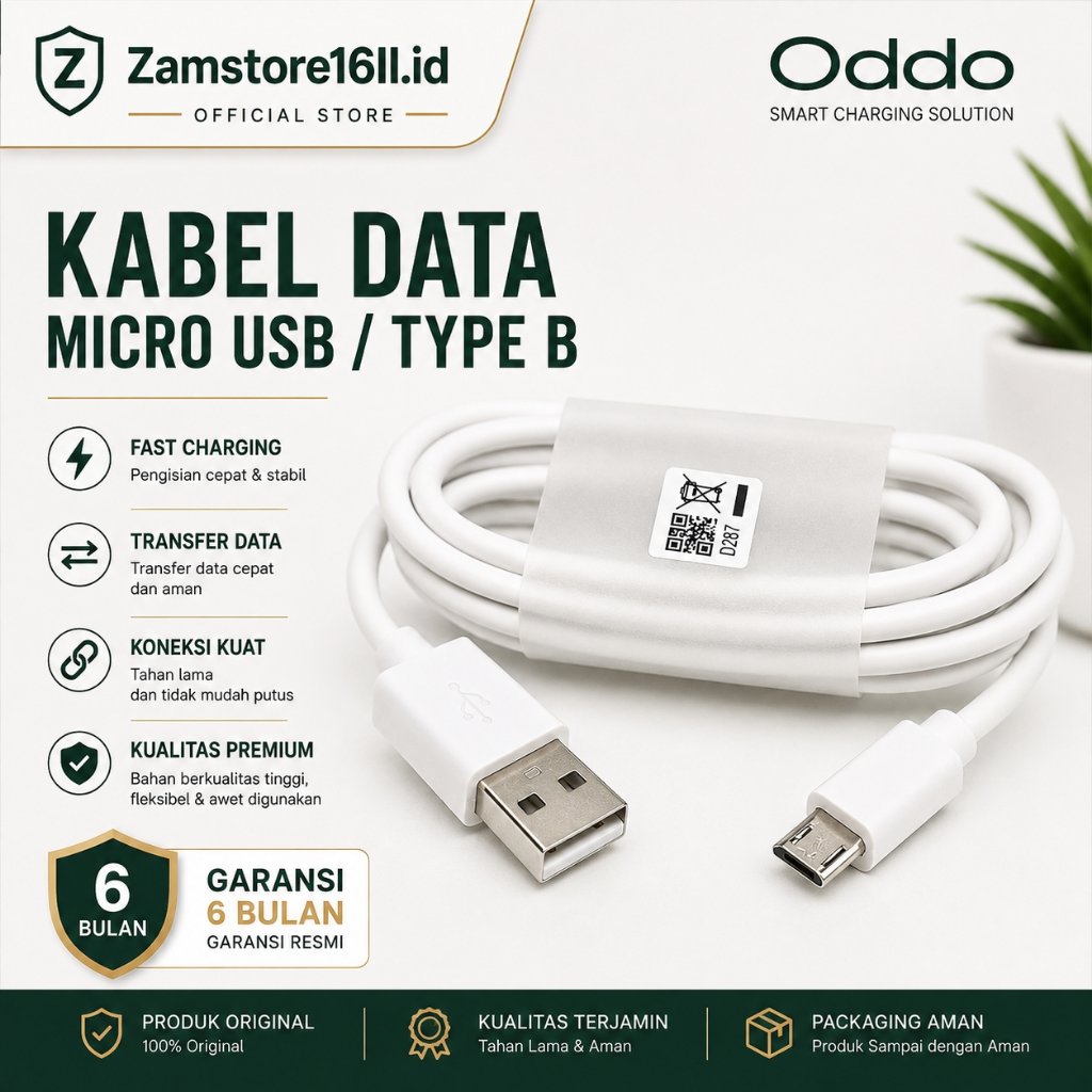 [ Zamstore16II.id ] สายเคเบิลข้อมูล Oddo Micro USB Type B 2A ต้นฉบับ 100% Fast charging A3S A37 A39 