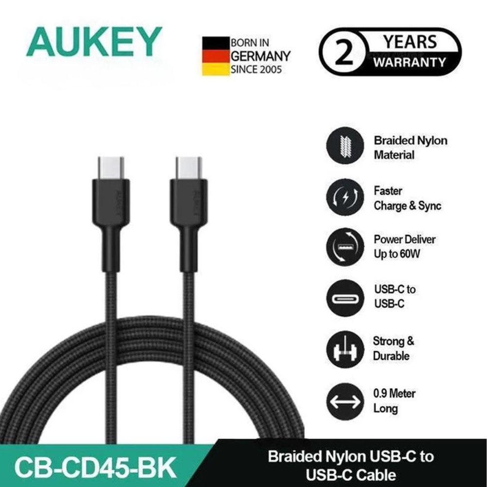 สายชาร์จข้อมูล Aukey Type C to C 60W 0.9m CB-CD45 Braided Nylon Black