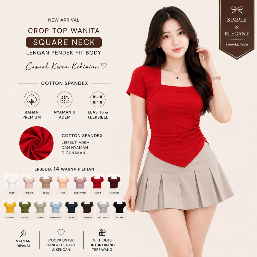 A2BP MR017 ผู้หญิงคอเหลี่ยมแขนสั้น Fit Body Crop Top Casual เกาหลีอินเทรนด์