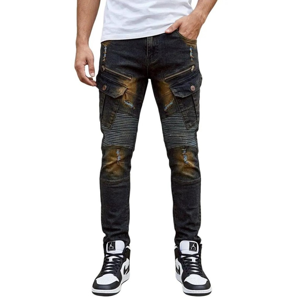 Biker Cargo Jeans Zipper Slim Fit Stretch Model Stretch Material ใส่สบาย Ariel Ripped Jeans