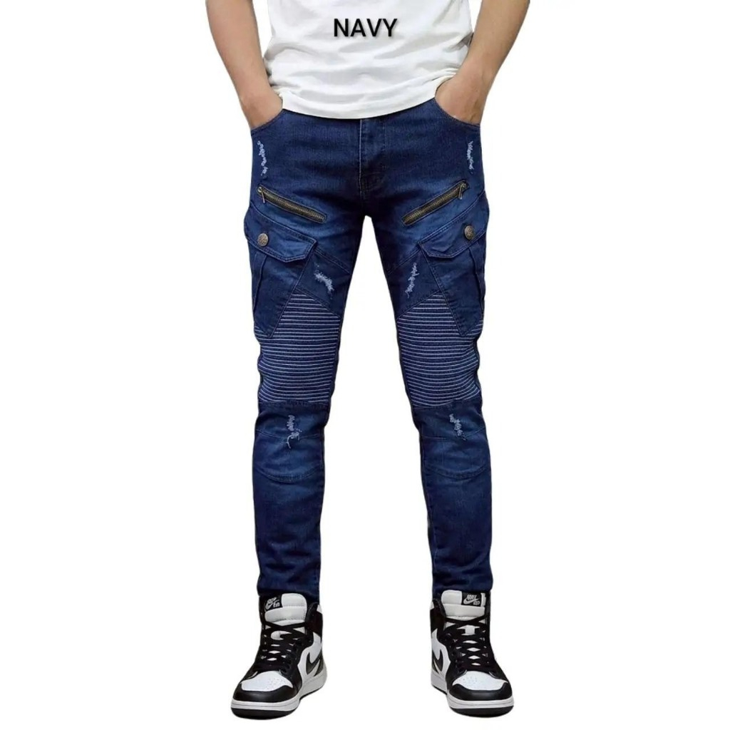 Navy Ripped Zipper Biker Cargo Jeans Slim Fit รุ่นยืดสวมใส่สบาย
