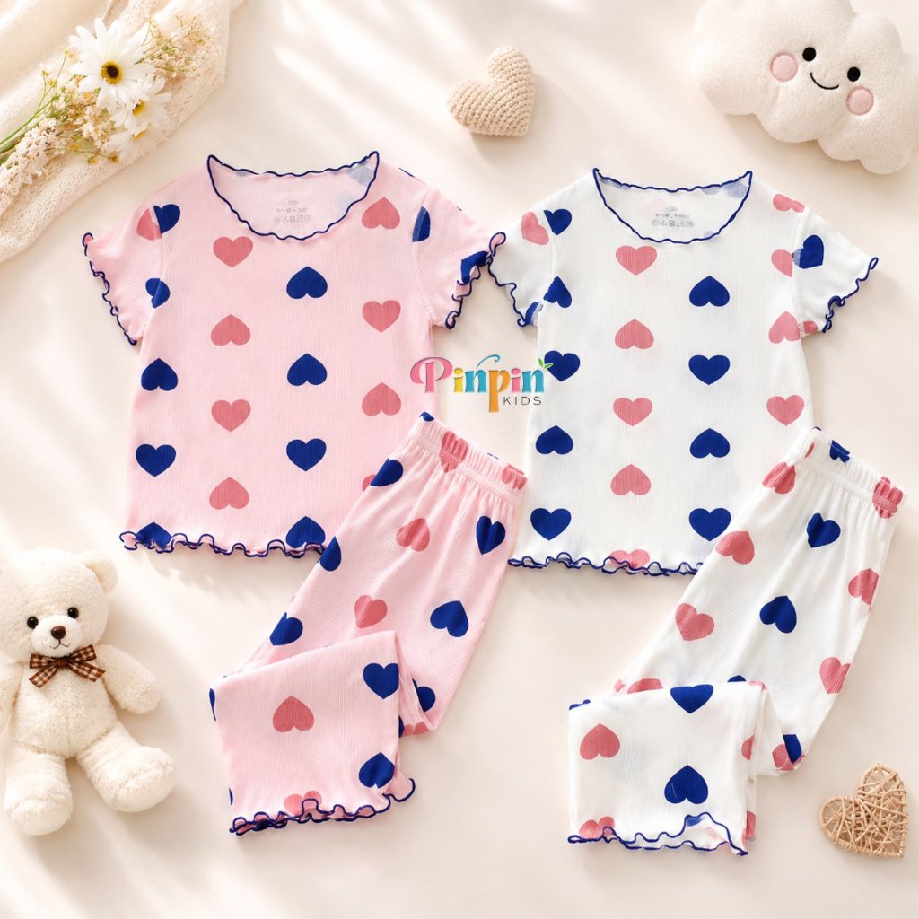 Pinpin Kids - ชุดนอนเด็ก Set for Girls Short Sleeve Love Motif