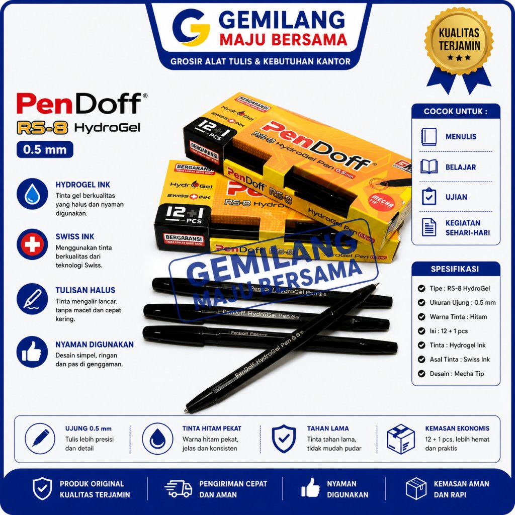 (ราคาต่อแพ็ค 12+1 ชิ้น) GM Pendoff 0.5mm Hydro Gel Pen - Black Gadjah Mada Doff Pen