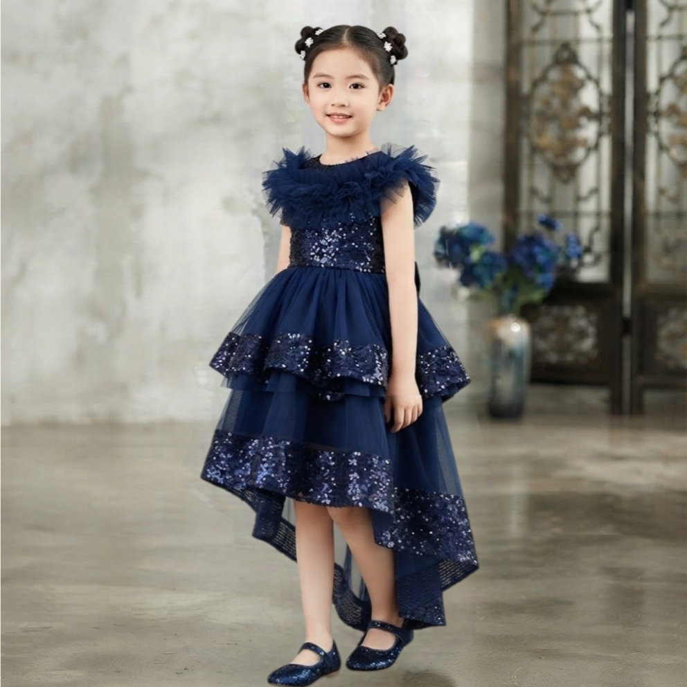 อายุ 4-10TH D875- YNBD DRESS SABRINA REMPEL NAVY HIGH-LOW