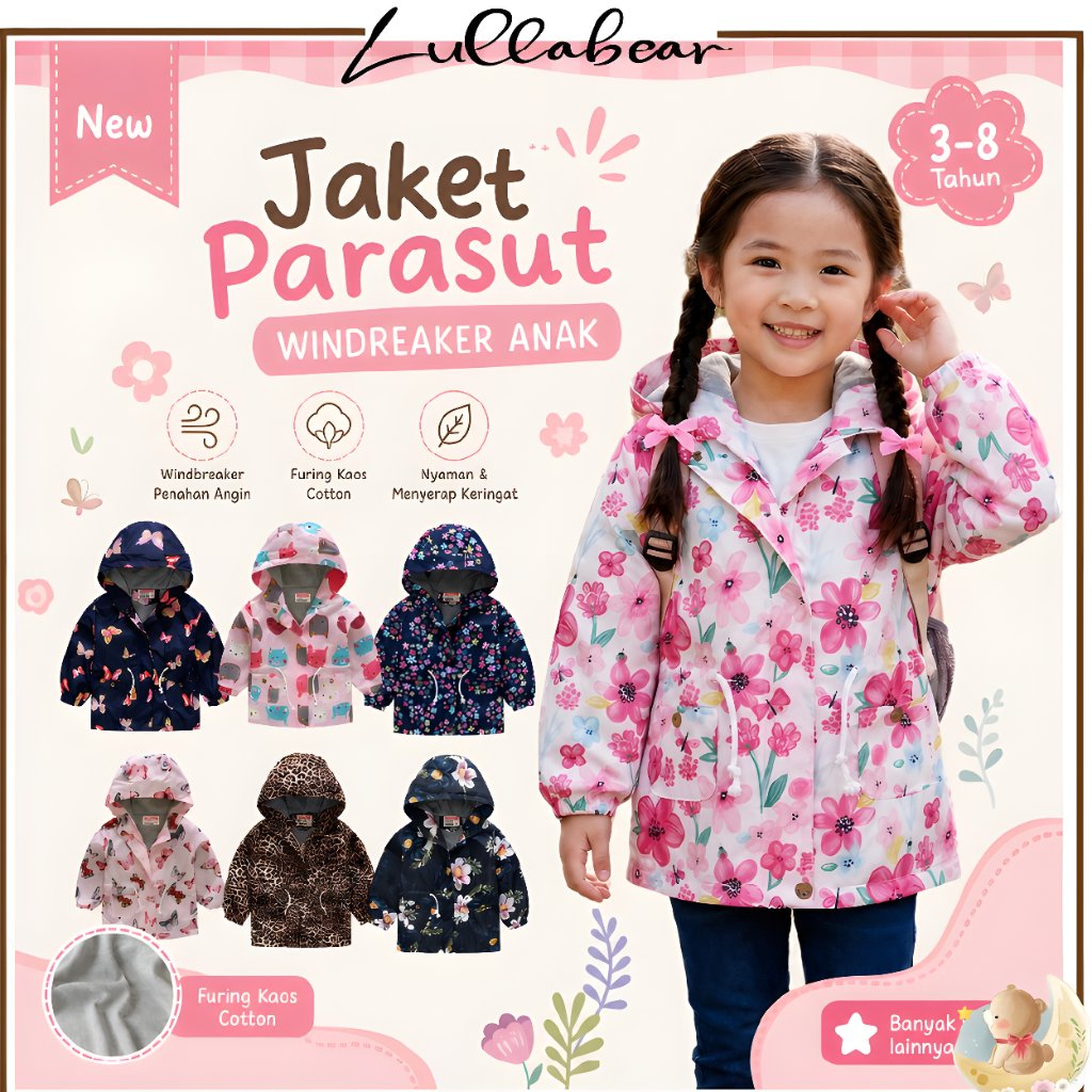 1 - PREMIUM GIRLS WINDBREAKER JACKET PARACHUE COTTON T-SHIRT LINING / CHILDRENS WINDPROOF JACKET WIT