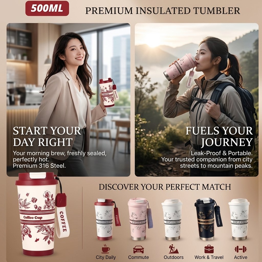 แก้วกาแฟดอกไม้ขนาด 500 มล. / แก้วน้ําสแตนเลส SUS 316