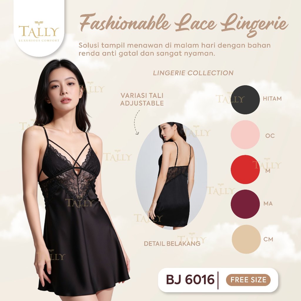 YISTORE98 - TALLY BJ 6016 ผู้หญิงลูกไม้แฟชั่นปรับสายสีดําซาติน Nightgown ฟรีขนาด TALLY 6016 NIGHTWEA