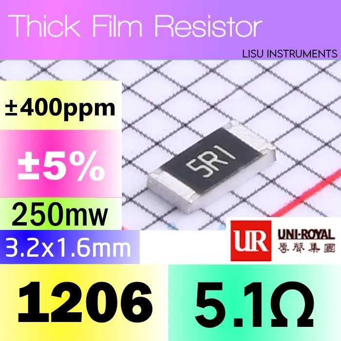 5.1R 1206 ±5% 250mW ตัวต้านทานหนา SMD 5R1 1206W4J051JT5E UNI-ROYAL