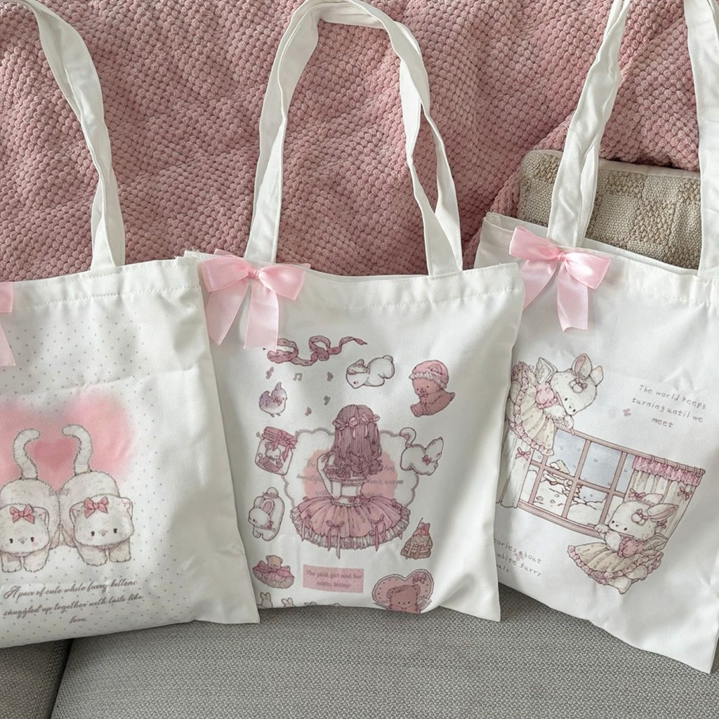 Mocorie - Brioche Coquette Canvas Totebag / coquette Ribbon Totebag / Ribbon Bow Totebag / Ribbon co