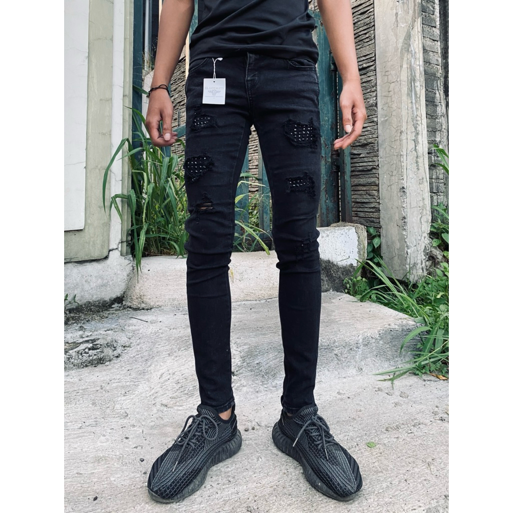 กางเกงยีนส์สีดํา Diamond Silver Drip Ripped