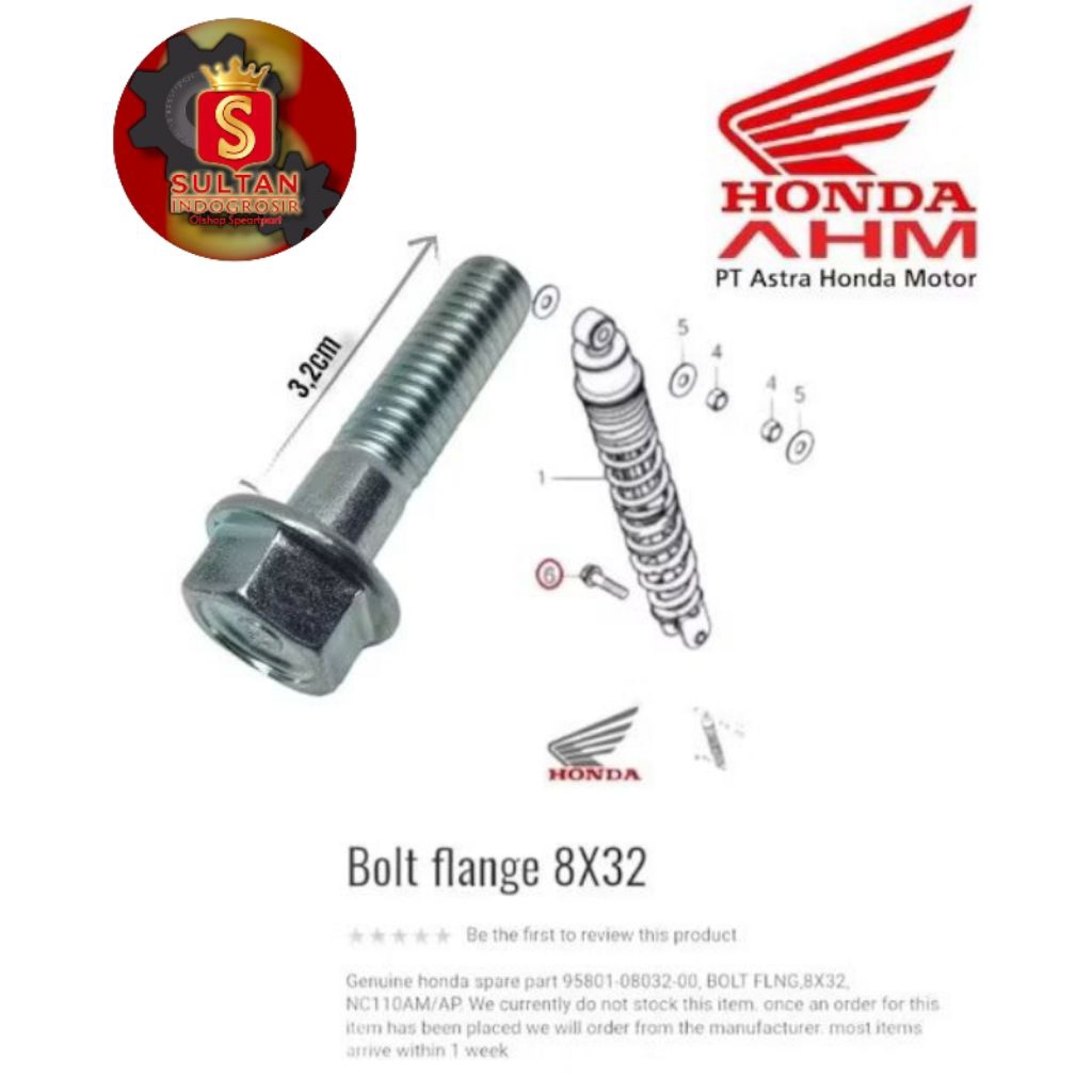 BOLT FLANGE M8 32 mm 95801-08032-00 REAR SHOCK BOLT HONDA PCX ADV VARIO. 3.2ซม. LONG SHOCKBLEKR BOLT