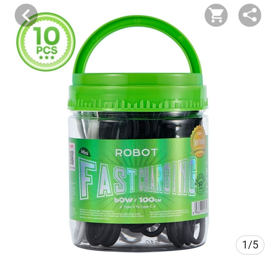 ประเภท C ถึง C สายเคเบิลข้อมูล ROBOT RBCC100 Mini 1 กระปุก 10 ชิ้น 60W 3A 100 ซม. Fast Charging Char