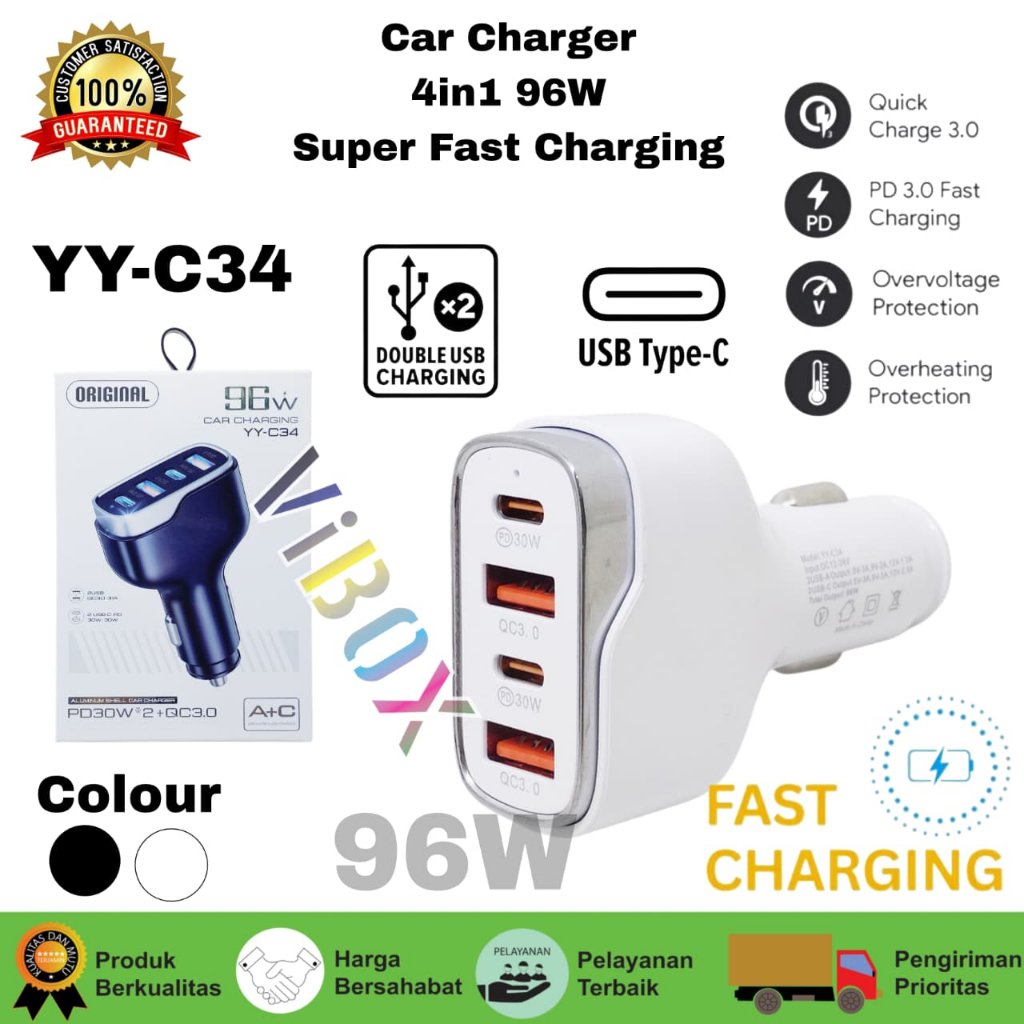 ที่ชาร์จแบตในรถ YY-C34 Led Car Charger 96W 4 In 1 USB Type-C 3.0 Qc Super Fast Charging Premium Univ