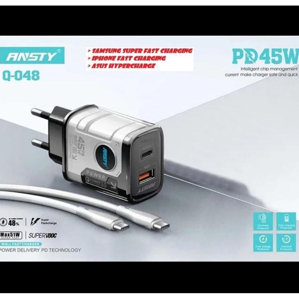 SKU-2110 ANSTY Q- 048PT 45W DUAL PORT USB A QC3 CHARGER HEAD. 0 20W + USB TYPE C PD 25W SUPPORR SAMS
