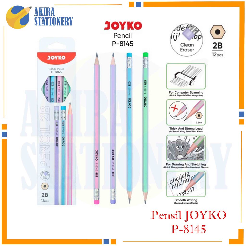 Joyko 2B ดินสอสีพาสเทล P8145 + ยางลบ / ดินสอไม้ + ยางลบ P 8145 ด้ามจับหกเหลี่ยม / ดินสอไม้