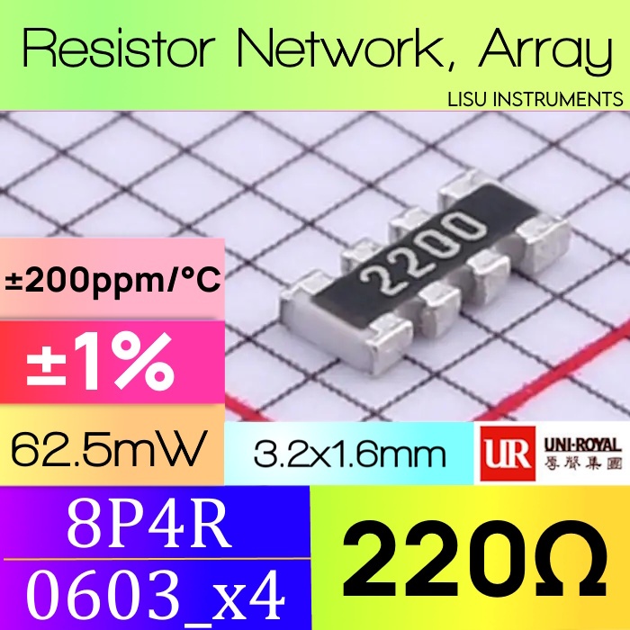 220R 0603x4 8P4R ±1% ตัวต้านทานอาร์เรย์ 220Ω 101 Uni-Royal 4D03WGF2200T5E
