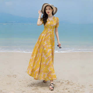 Dress Pantai Wanita | Floral Dress Kuning Gold | Chiffon Dress Elegan Premium