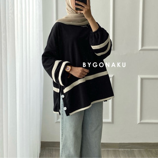 [GONAKU] Moon Stripe Kaos Oversized | Fit to XXL | Blouse Ballon | Blouse Bigsize | Blouse Knit | Atasan Wanita | Blouse Jumbo | Atasan Batwing | Bumil Friendly