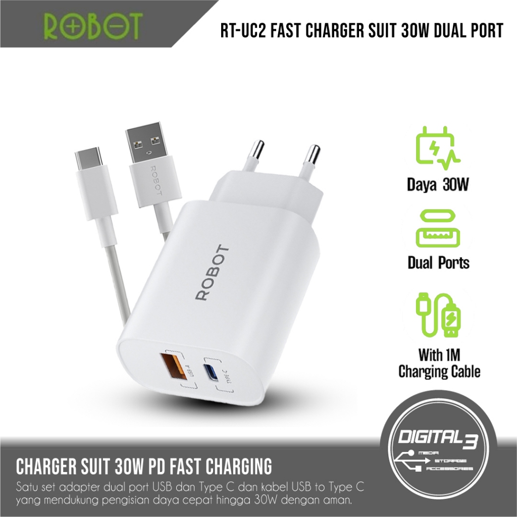 ROBOT RT-UC2 Charger Suit PD 30W Fast Charging Adapter 3A Dual Port พร้อมสาย Type C สําหรับ Android 