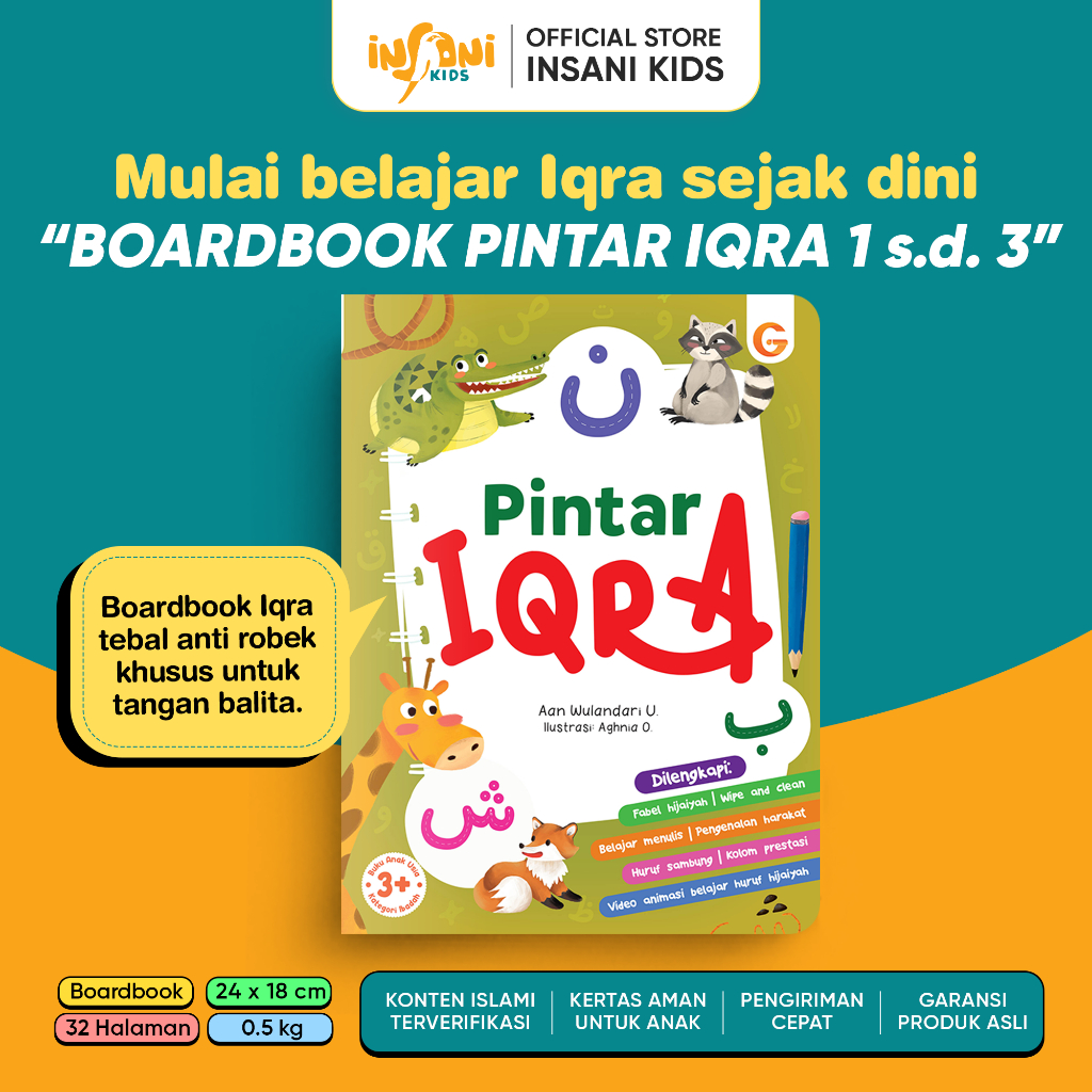 Insani Kids - หนังสือกระดานอัจฉริยะ Iqra 1 - หนังสืออ่านหนังสือ Quran สําหรับเด็ก 3 ปี + อิสลาม Hija