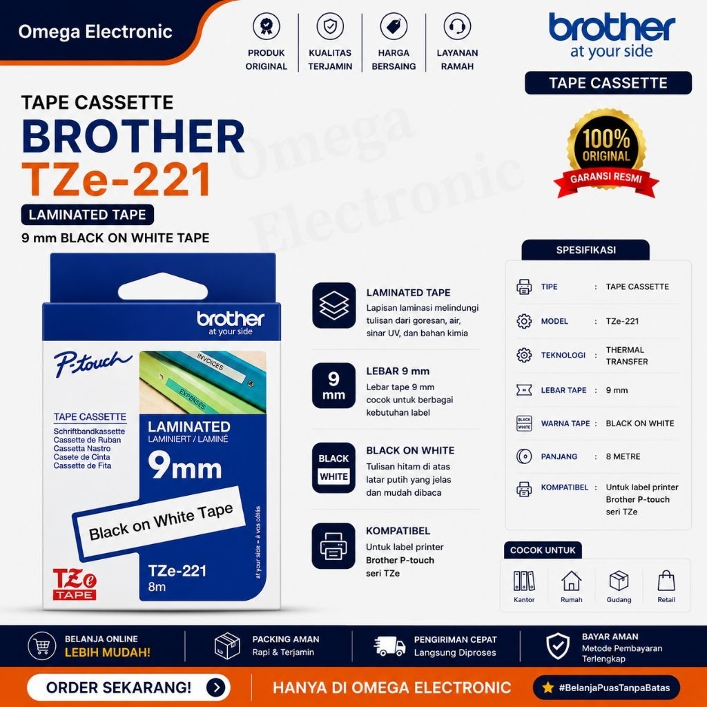ป้ายเครื่องพิมพ์ Brother TZE 221 - 9mm สีดําบนเทปฉลาก Brother สีขาว TZE-221
