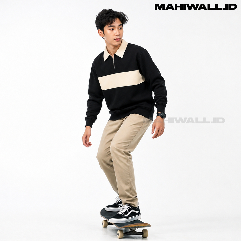 Rugby Halfzip Twotone Sweater Crewneck Plain Sweatshirt ผู้ชายผู้หญิง