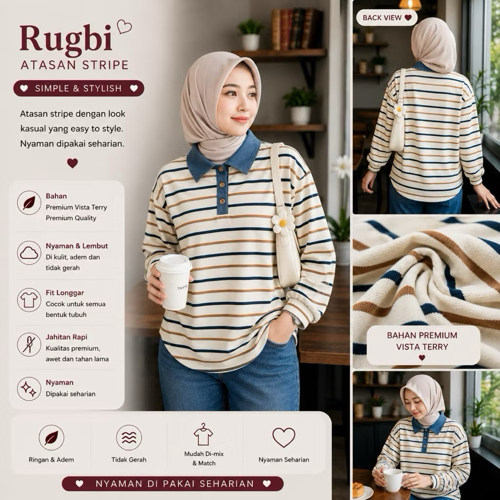 RUGBY COLAR SHIRT / PREMIUM STRIPED POLO BLOUSE