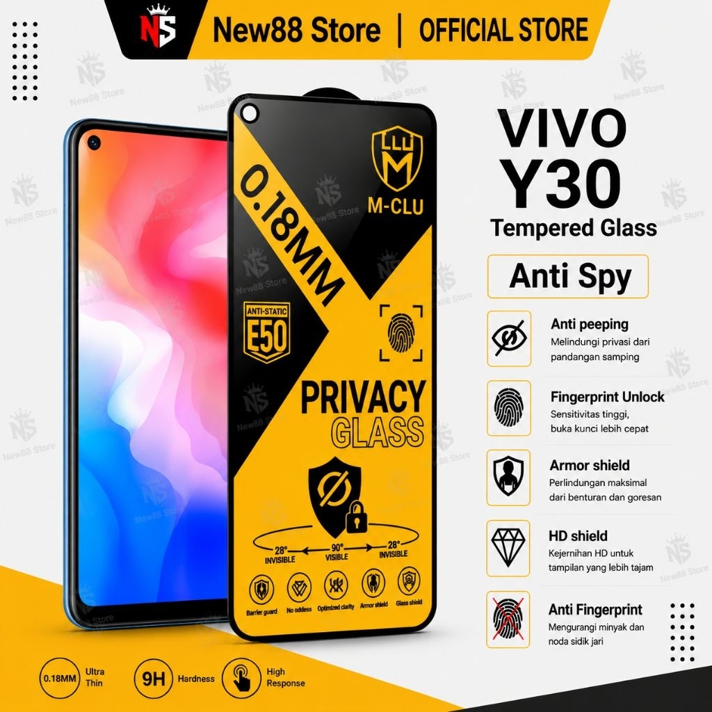 NEW88 - กระจกนิรภัย ESD Anti Spy 0.18 mm Vivo Y30 Y30i Y30 5G Y50 Y50i Y50t Z1 Z1 Pro Z1X Z3 Z3x Z5 