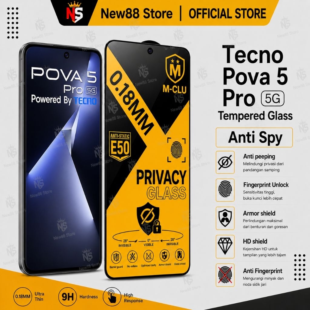 NEW88 - กระจกนิรภัย ESD Anti Spy 0.18 มม. Tecno Pova 7 6 6 Pro 5G 5 Pro 5G 5 Free Fire 4 Pro Neo 6 A