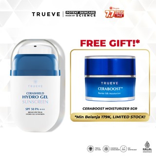 TRUEVE Cerashield Hydro Gel Sunscreen - Sunscreen Gel Ringan Tanpa White Cast Oily Dry - SPF 50 PA+++ (Ceraboost, Tinosorb, Pro Renew Complex) Aqua Light Daily Sunscreen Cerah Glowing Hydrating Hydro Soothe