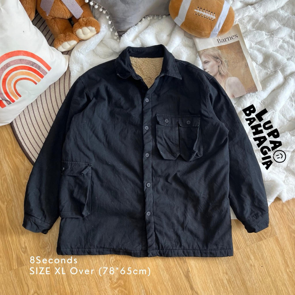 8SECONDS เสื้อแจ็คเก็ตโอเวอร์ไซส์ผ้าฝ้ายสีดํา Sherpa Casual ไซส์ Xl | ต้นฉบับ 100%