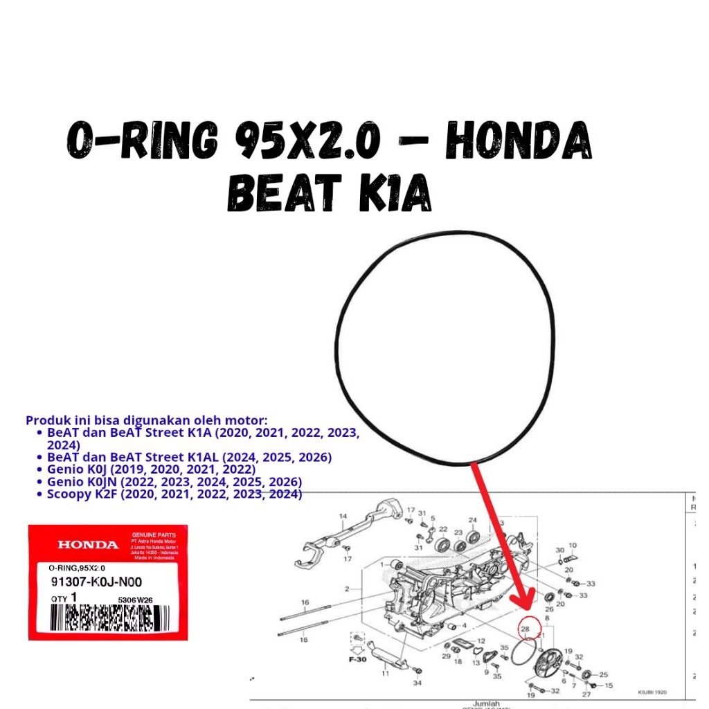 [AHM] 91307K0JN00 O-Ring Cover 95X2.0 – Honda BeAT และ BeAT Street K1A (2020)-2024) BeAT และ BeAT St